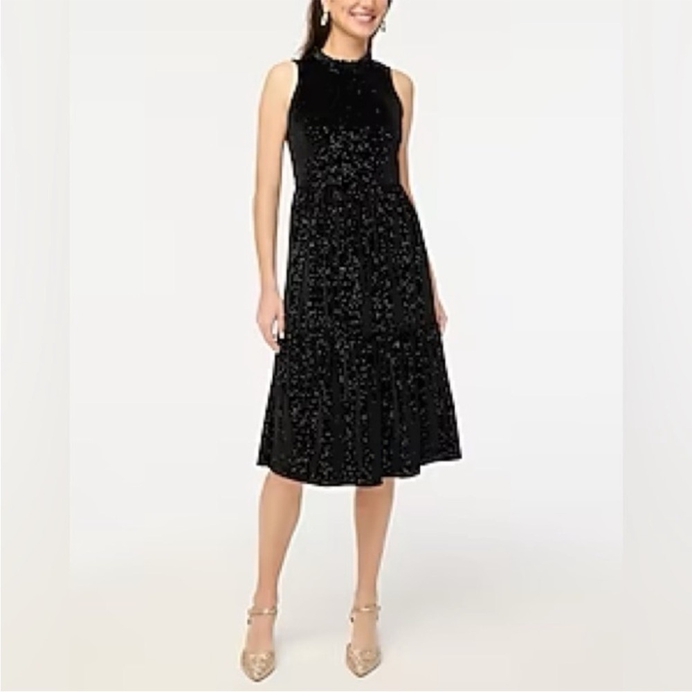 NWT J. Crew Velvet Dress Tiered Sparkle Ruffle High Neck Sleeveless Holiday Midi
